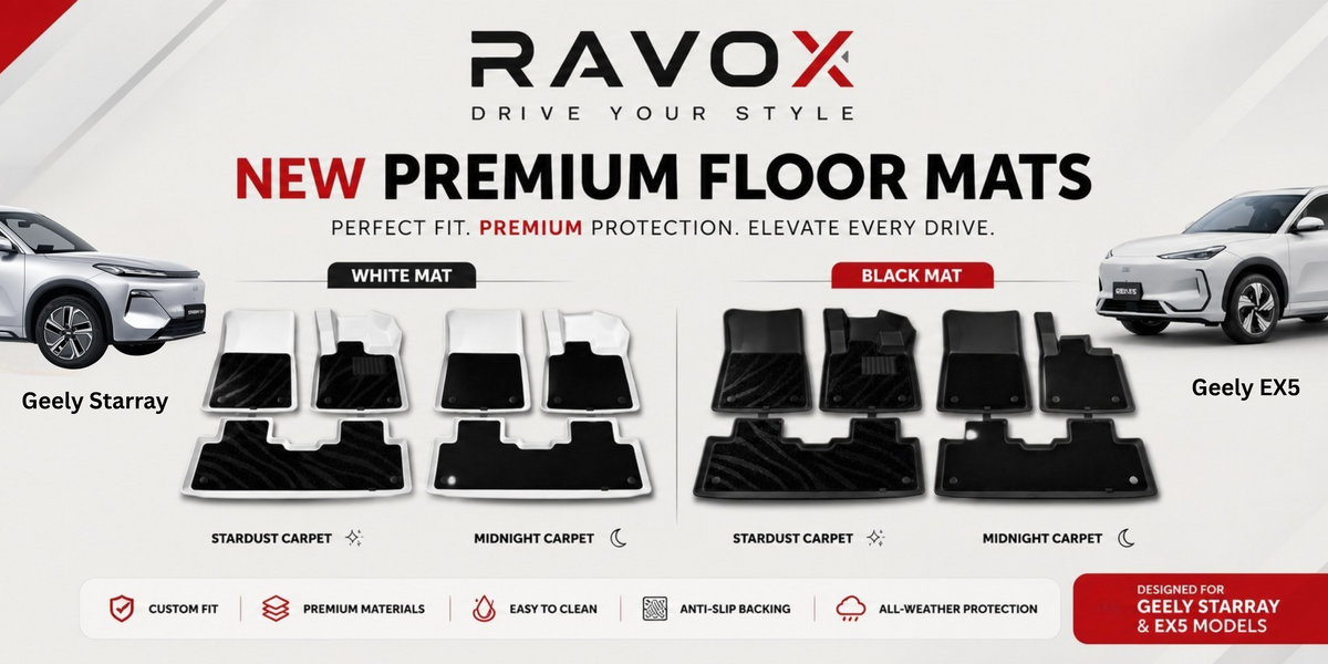 A promotional graphic for RAVOX floor mats showing multiple black and white mat sets arranged on cars, with text reading 'NEW PREMIUM FLOOR MATS' and model names Geely Starray and Geely EX5.