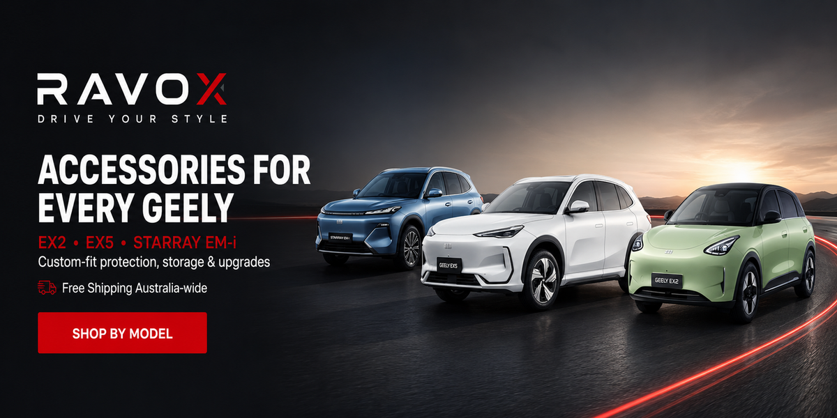 RAVOX accessories promotional banner featuring three EV SUVs in blue, white, and light green on a dark road at sunset, with text reading 'ACCESSORIES FOR EVERY GEELY' and a red 'SHOP BY MODEL' button.